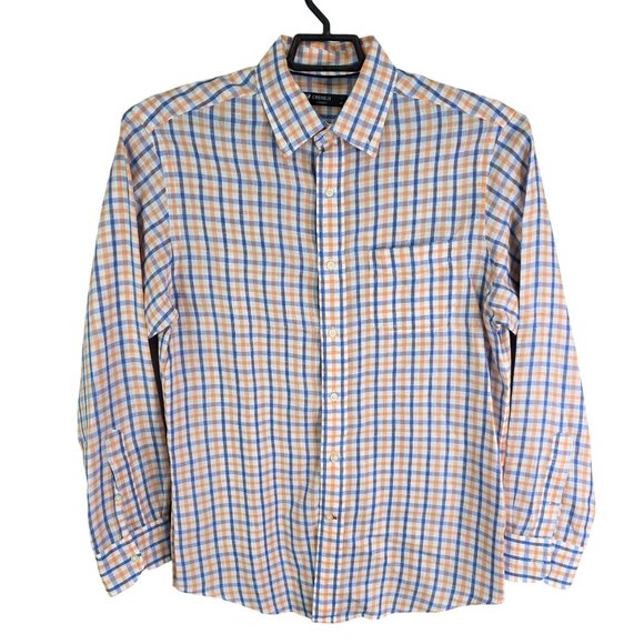 Mens Cremeux Classics Blue White & Orange Checkered Shirt 100% Linen Size M - Picture 1 of 9